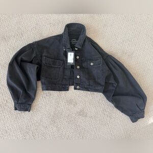 Fashion Nova Charcoal Gray Cropped Denim Jacket with Silver Buttons